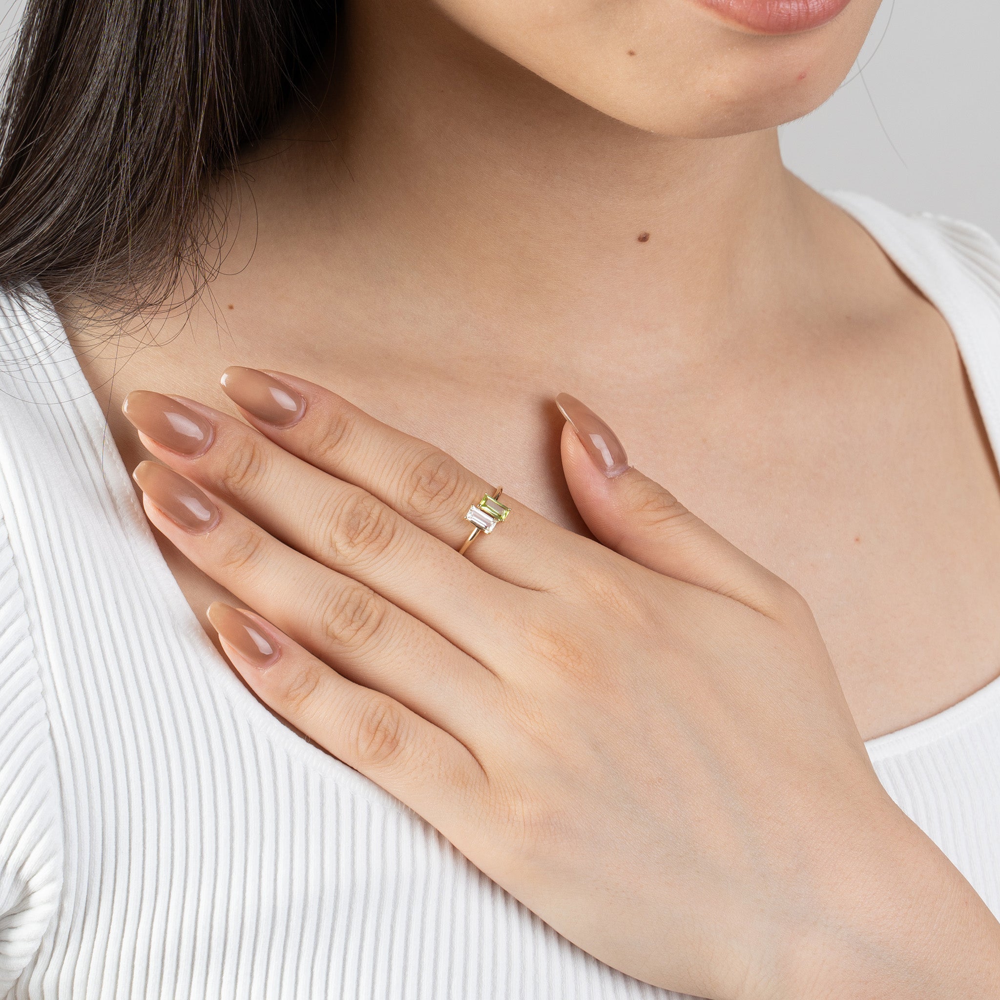 K10YG white quartz & peridot ring ホワイトクォーツ ＆ ペリドット 