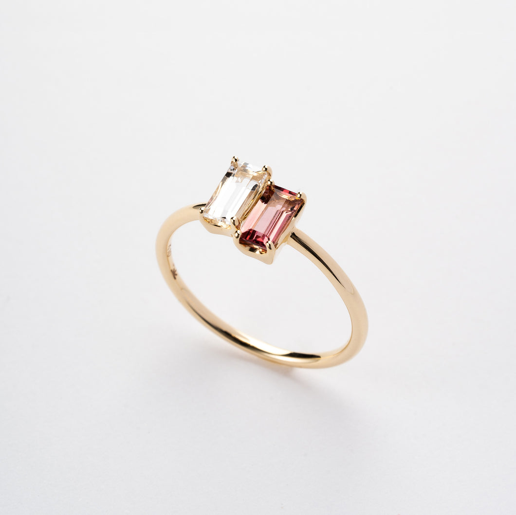 K10YG white quartz &  pink tourmaline ring ホワイトクォーツ ＆ ピンクトルマリン リング