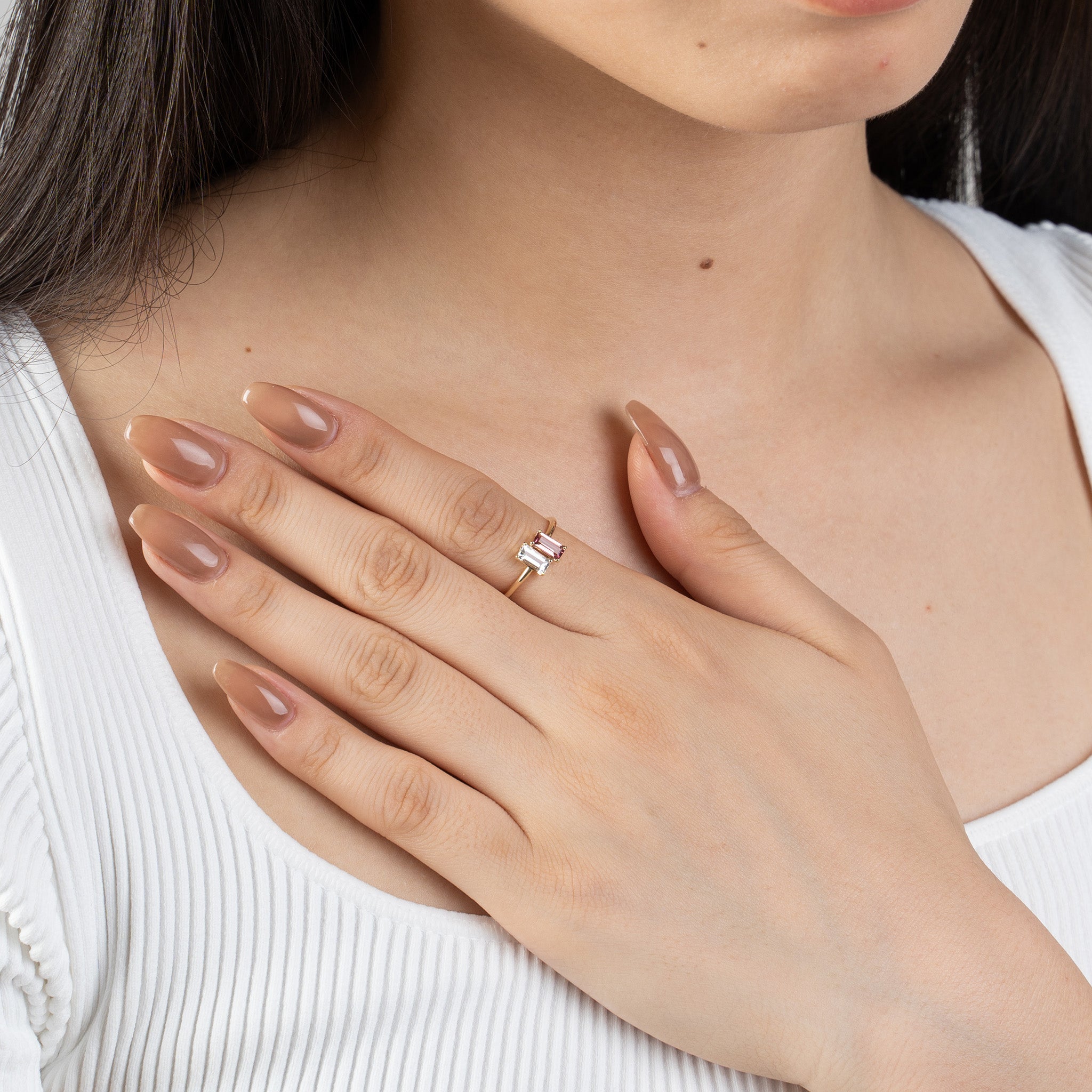 K10YG white quartz & pink tourmaline ring ホワイトクォーツ 