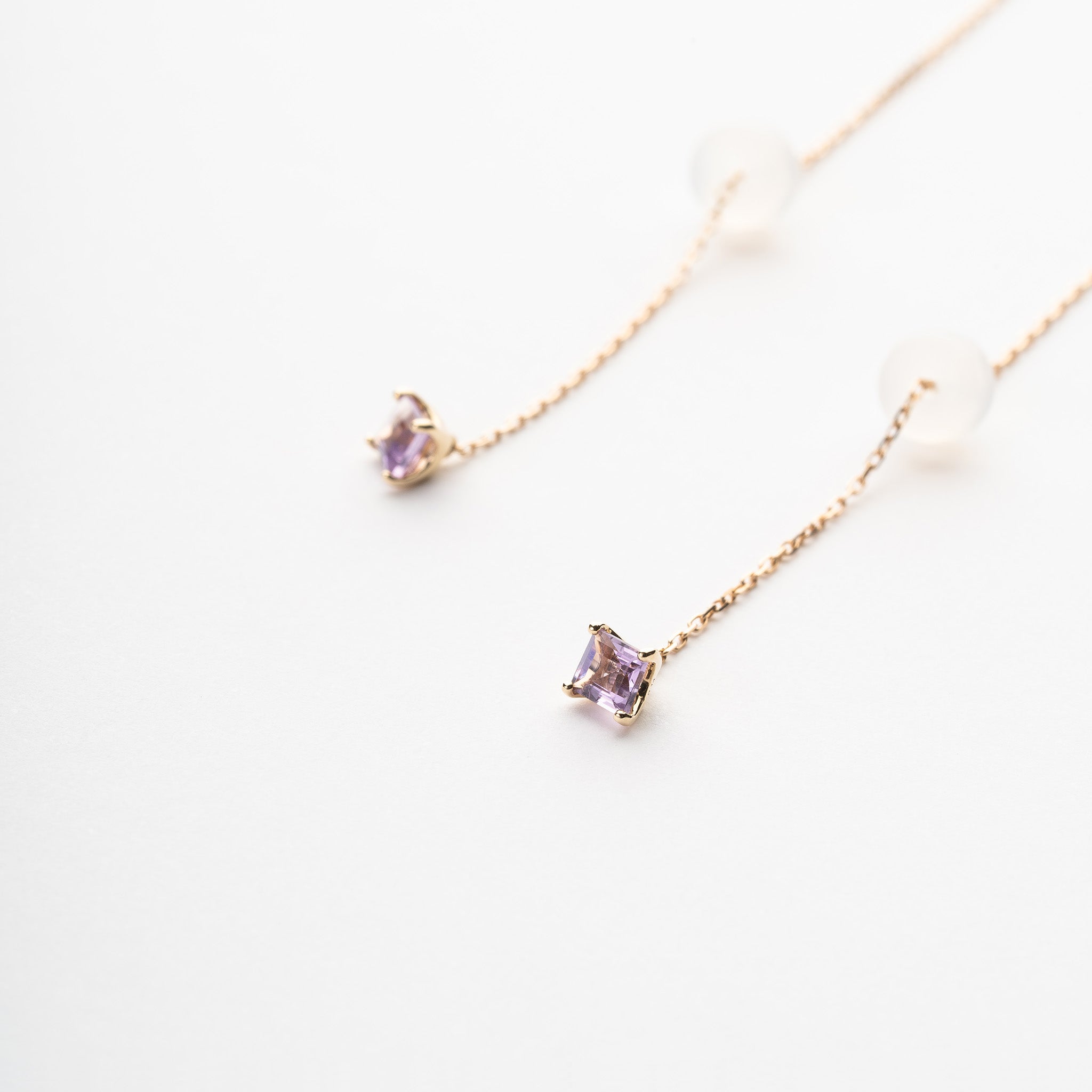 K10YG pink amethyst chain pierced earrings ピンクアメシスト